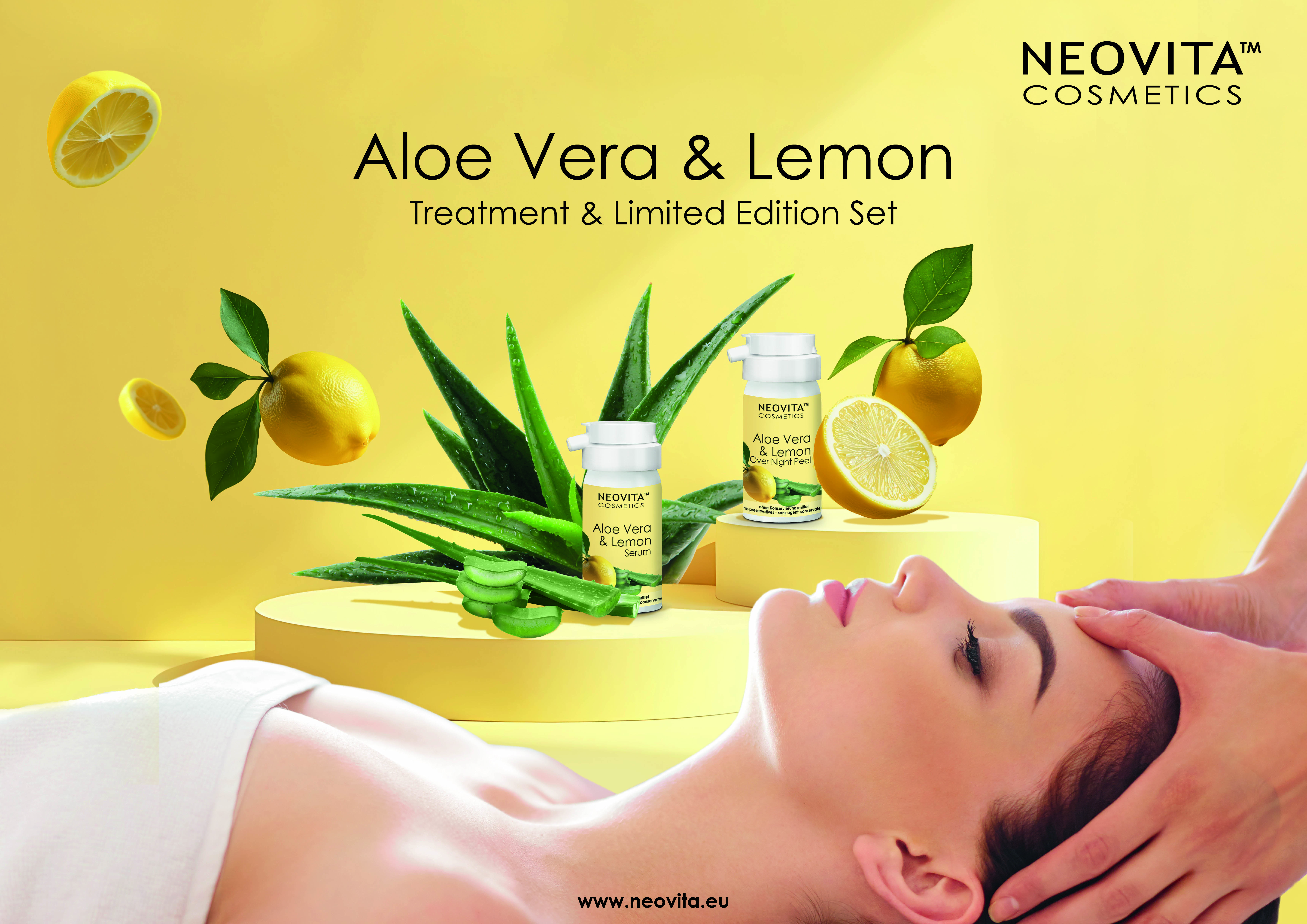 NEOVITA Cosmetics Apple & Walnut Treatment. Wellnessbanner mit entspannter Frau bei Gesichtsbehandlung, Äpfeln, Walnüssen und den Pflegeprodukten Apple & Walnut Serum und Mask auf Holzhintergrund.